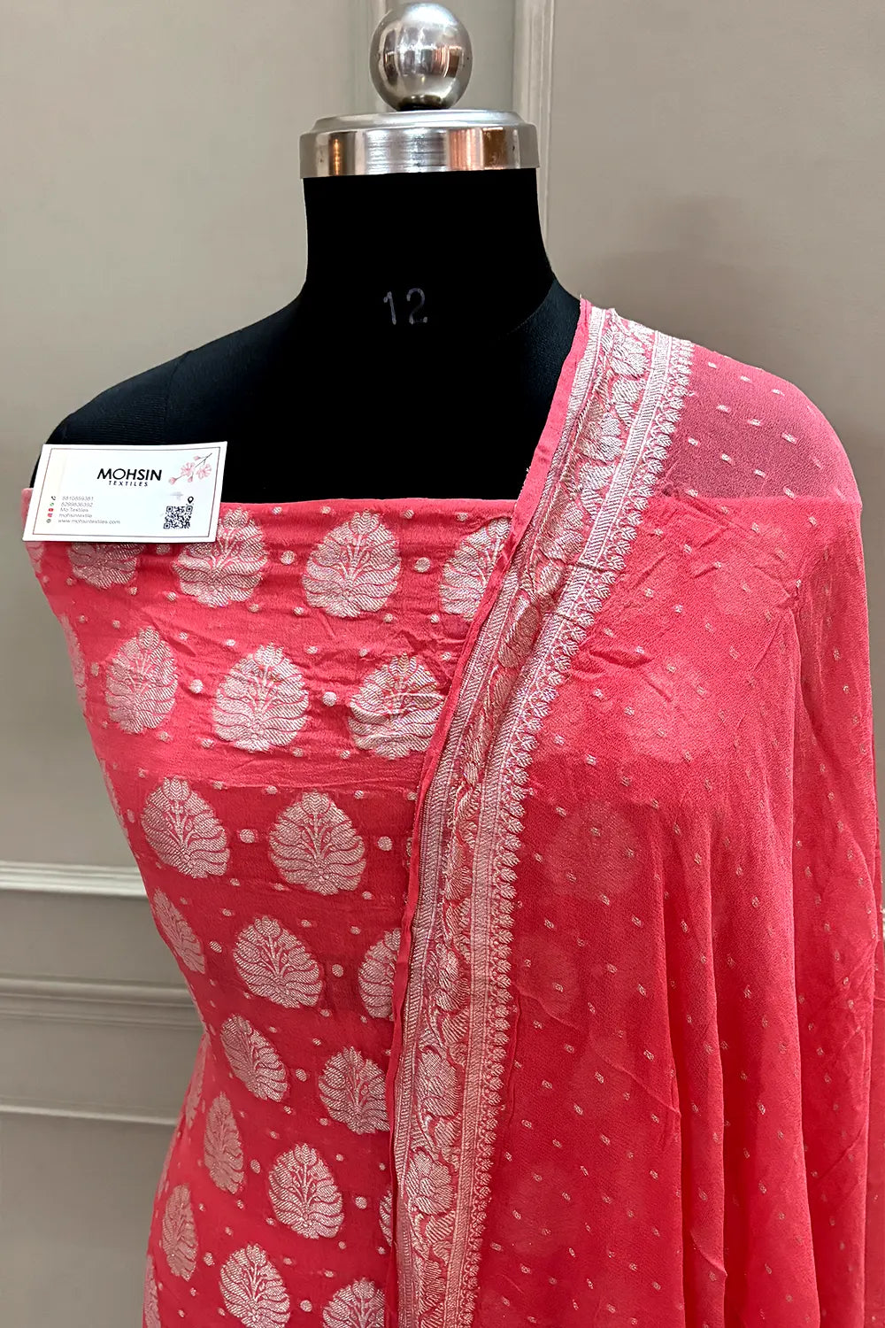 Peach Zari Pure Georgette Silk Banarasi Suit