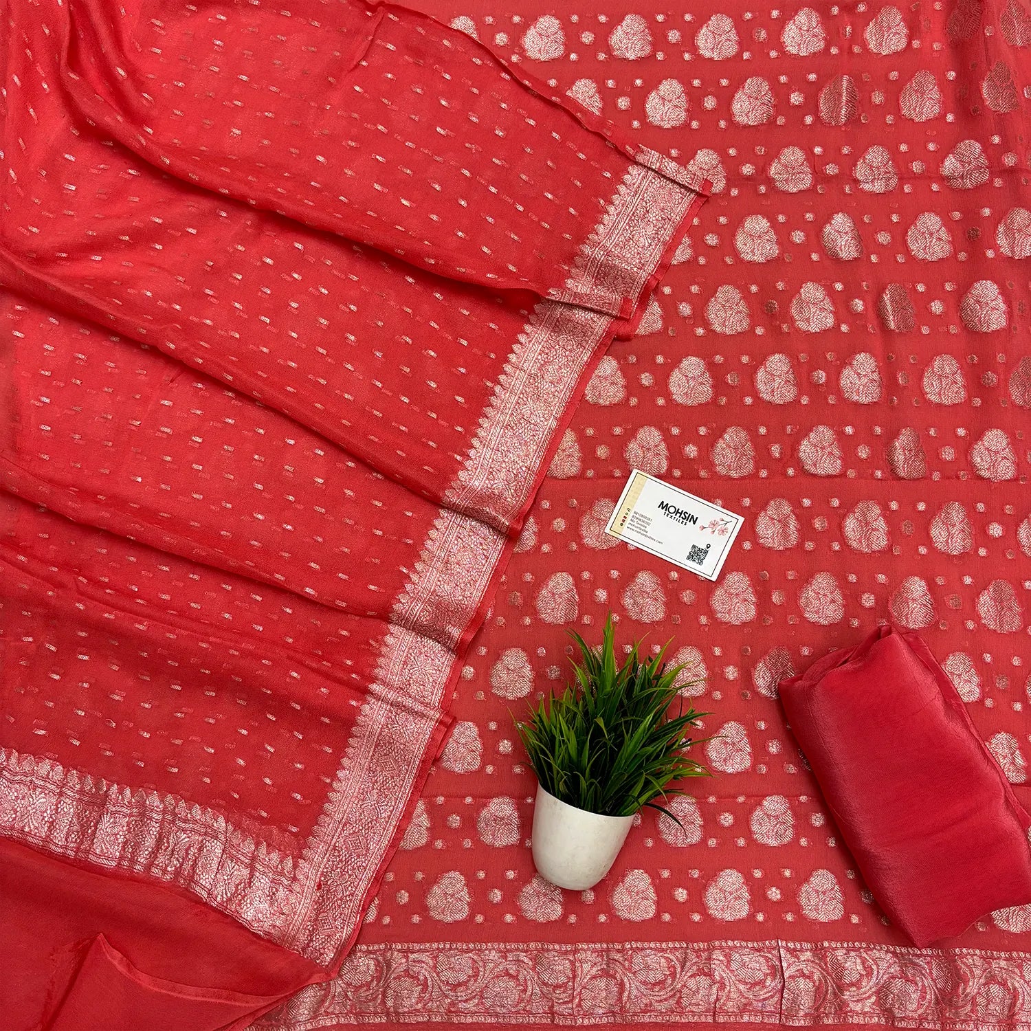 Peach Zari Pure Georgette Silk Banarasi Suit