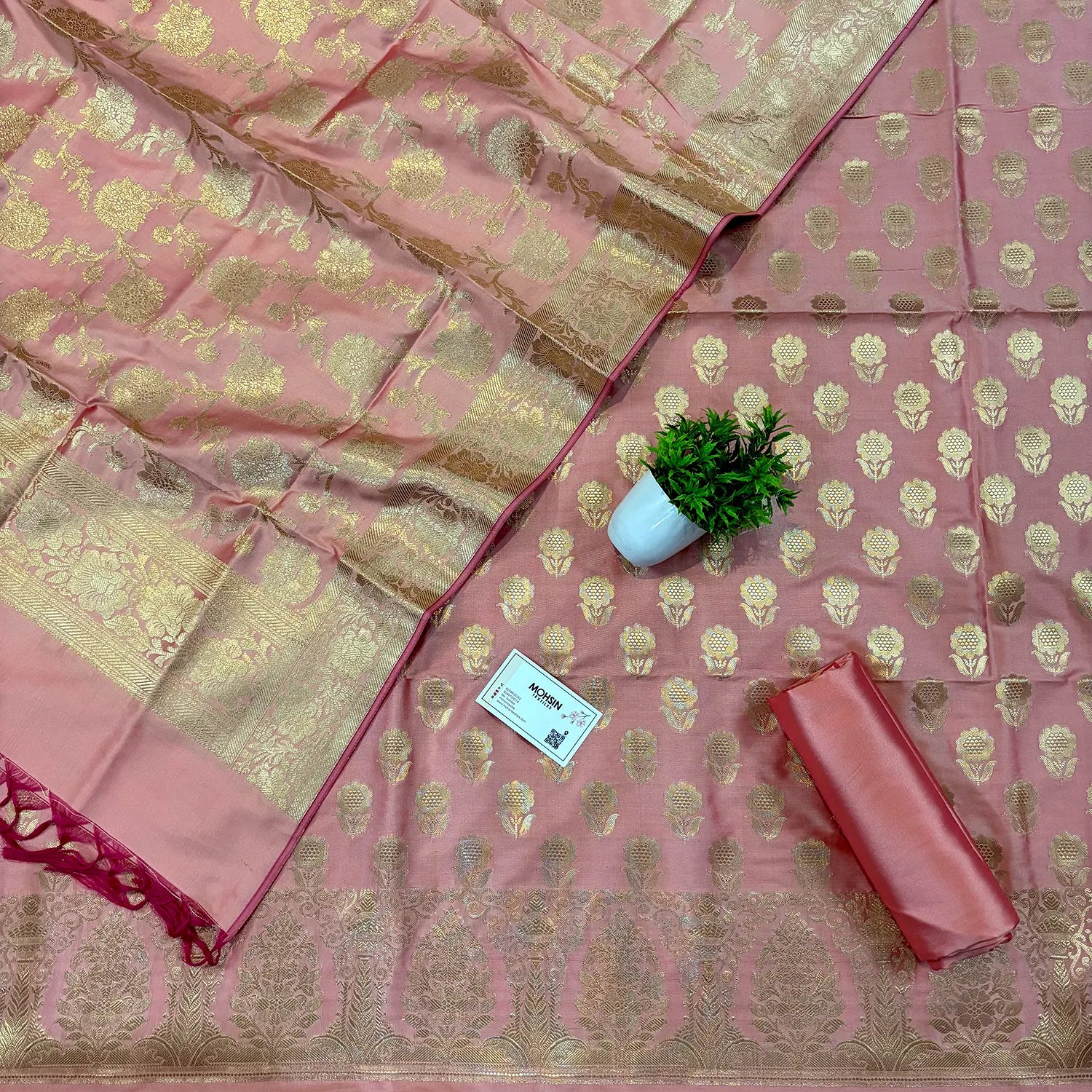 Peach Zari Satin Silk Banarasi Suit