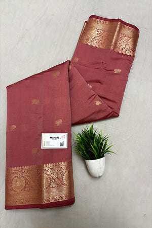 Peach Zari Semi Katan Silk Banarasi Saree