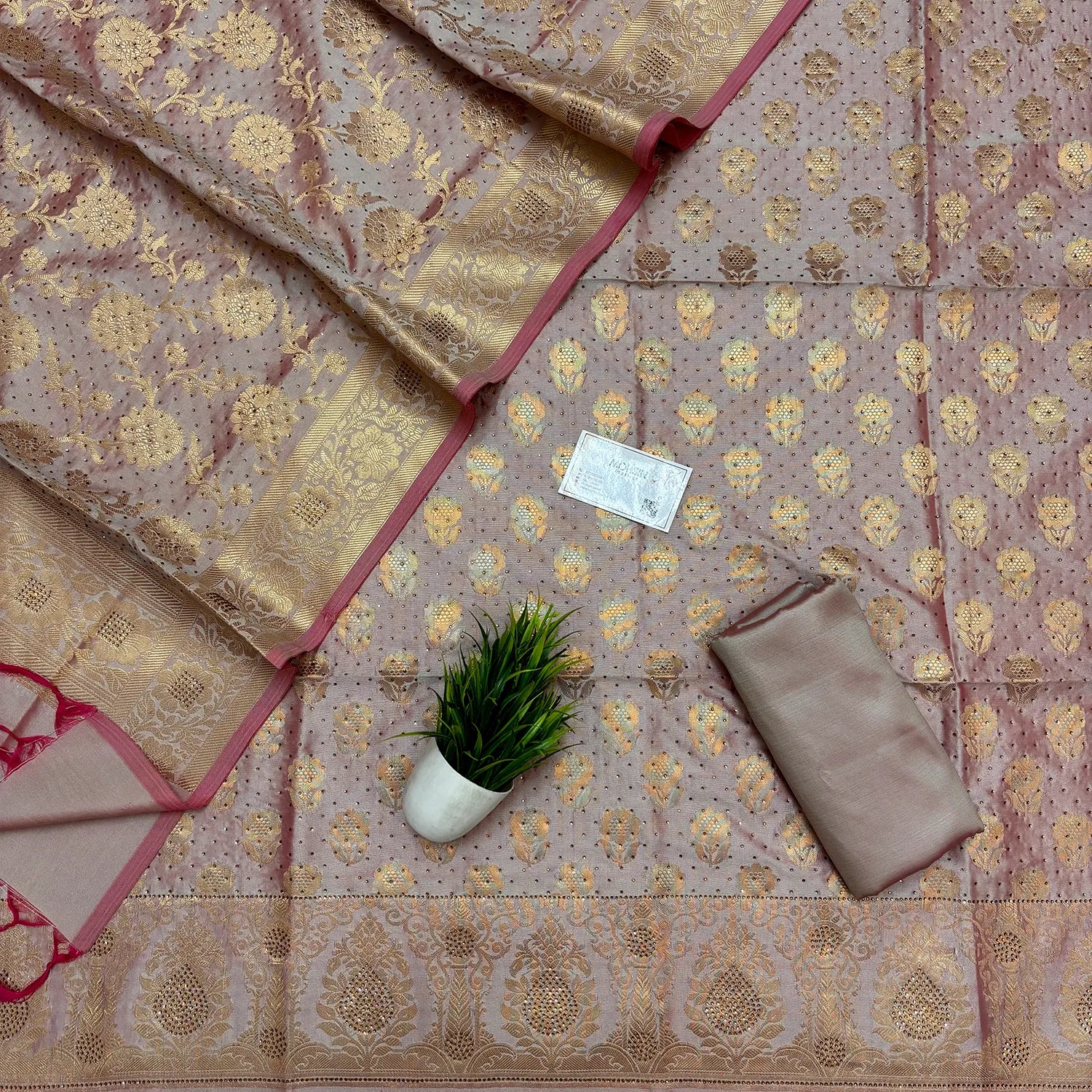 Peach Zari Swarovski Satin Silk Banarasi Suit