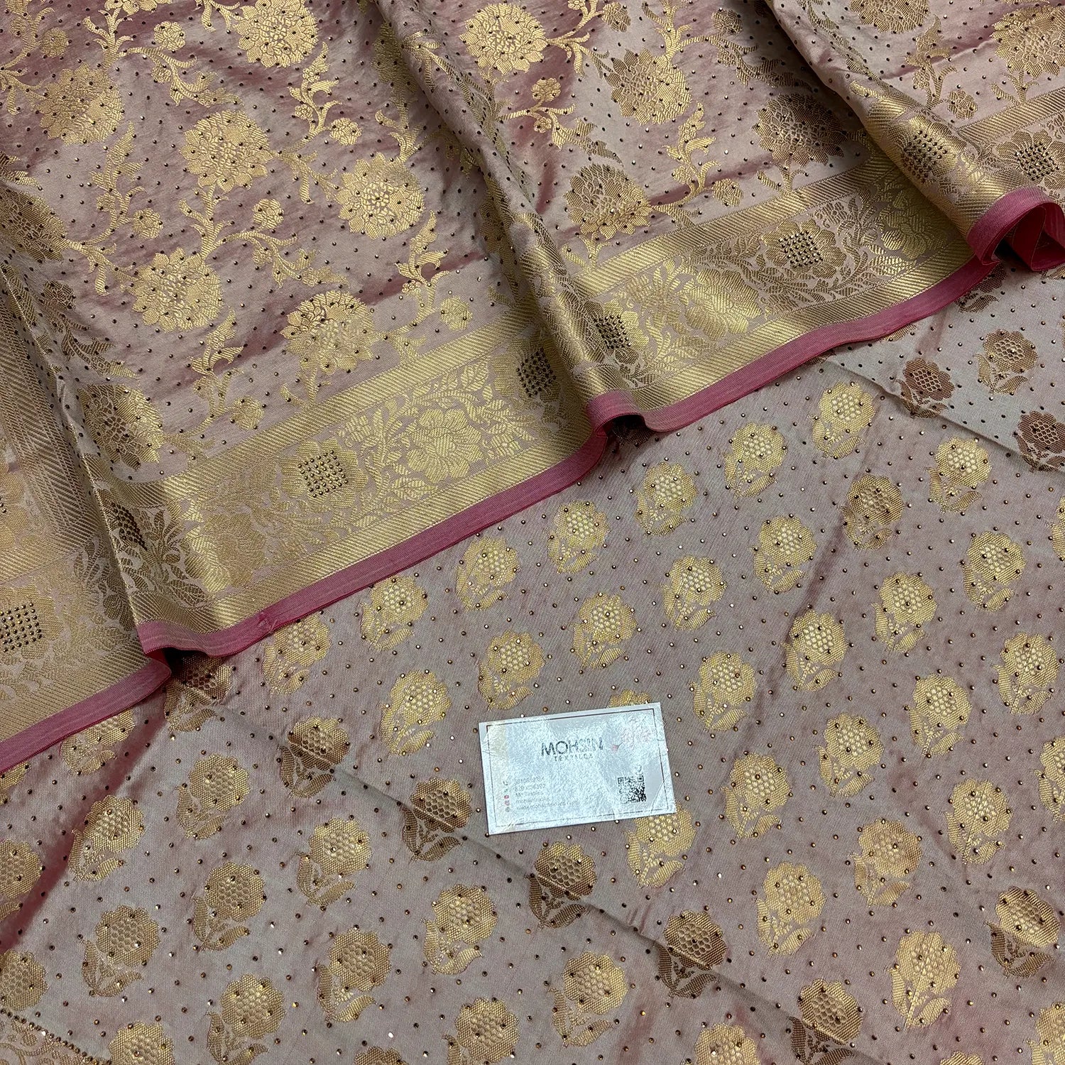 Peach Zari Swarovski Satin Silk Banarasi Suit