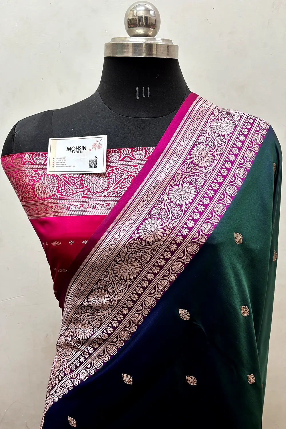 Peacock and Rani Zari Katan Mashru Silk Banarasi Saree