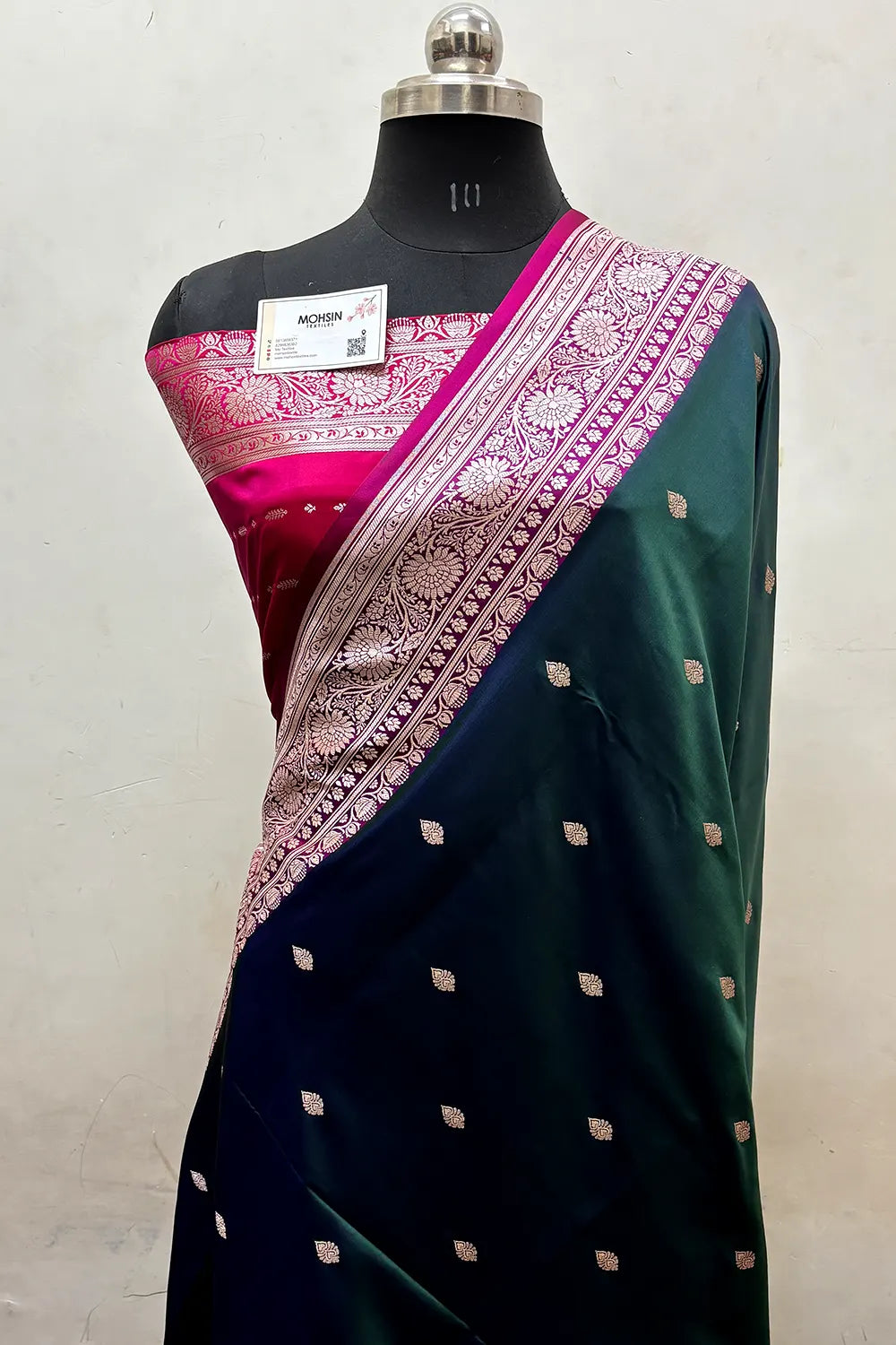 Peacock and Rani Zari Katan Mashru Silk Banarasi Saree