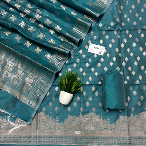 Peacock Assi Ghat Mandir Semi Katan Silk Banarasi Suit