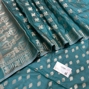 Peacock Assi Ghat Mandir Semi Katan Silk Banarasi Suit