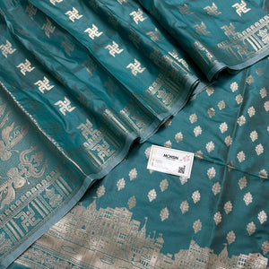 Peacock Assi Ghat Mandir Semi Katan Silk Banarasi Suit