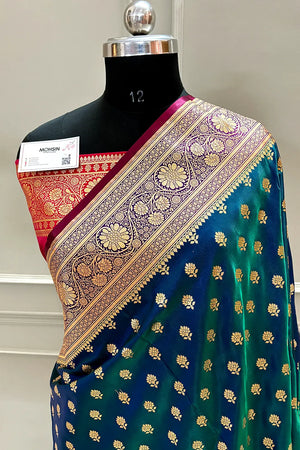 Peacock Blue and Red Zari Katan Silk Banarasi Saree