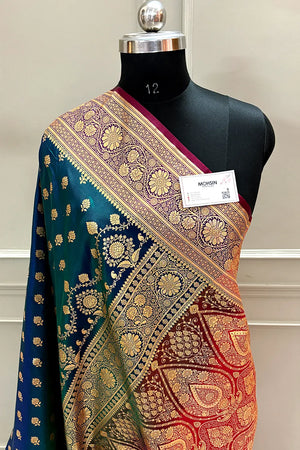 Peacock Blue and Red Zari Katan Silk Banarasi Saree