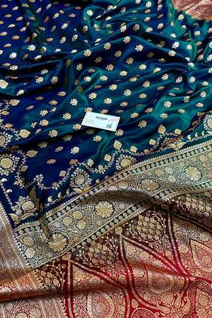 Peacock Blue and Red Zari Katan Silk Banarasi Saree
