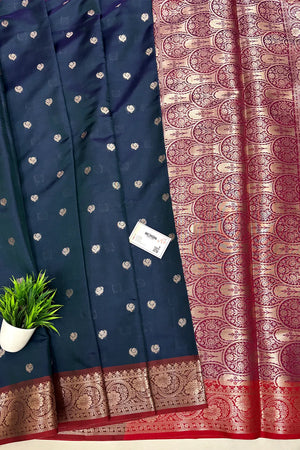 Peacock Blue and Wine Zari Semi Katan Silk Banarasi Saree