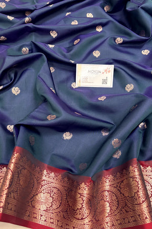 Peacock Blue and Wine Zari Semi Katan Silk Banarasi Saree