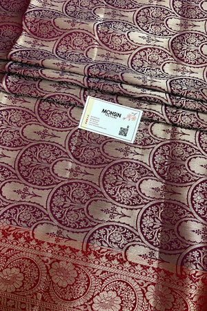 Peacock Blue and Wine Zari Semi Katan Silk Banarasi Saree