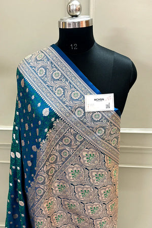 Peacock Blue Chunni Munni Buti Katan Silk Banarasi Saree