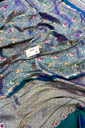 Peacock Blue Handloom Pure Katan Silk Banarasi Saree