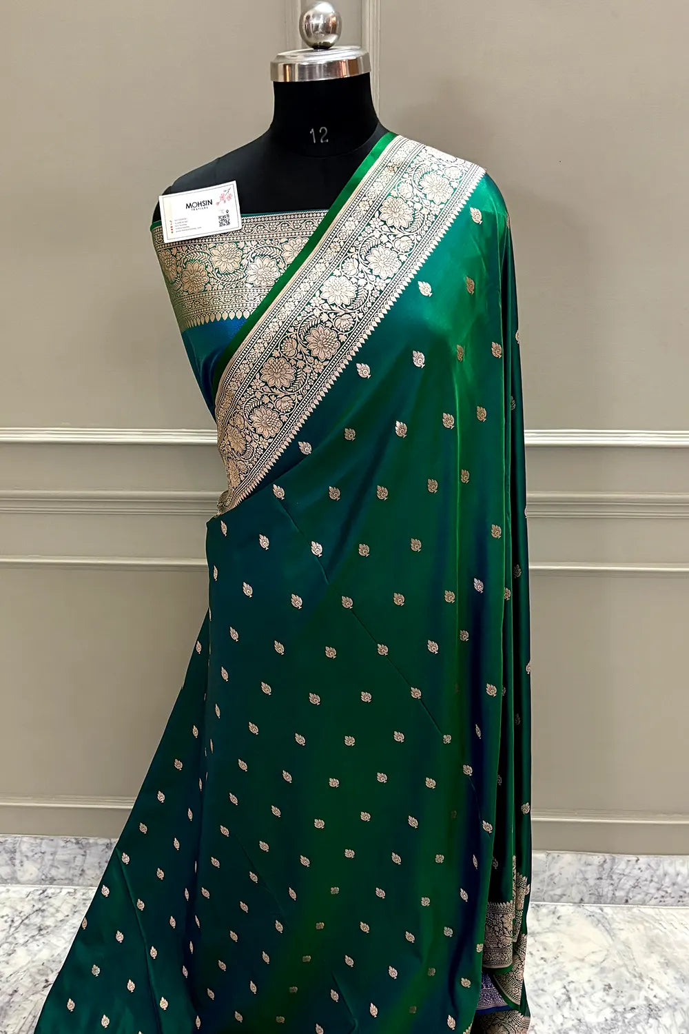 Peacock Blue Mario Patti Katan Mashru Silk Banarasi Saree
