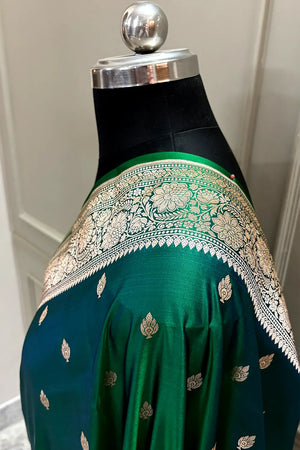 Peacock Blue Mario Patti Katan Mashru Silk Banarasi Saree