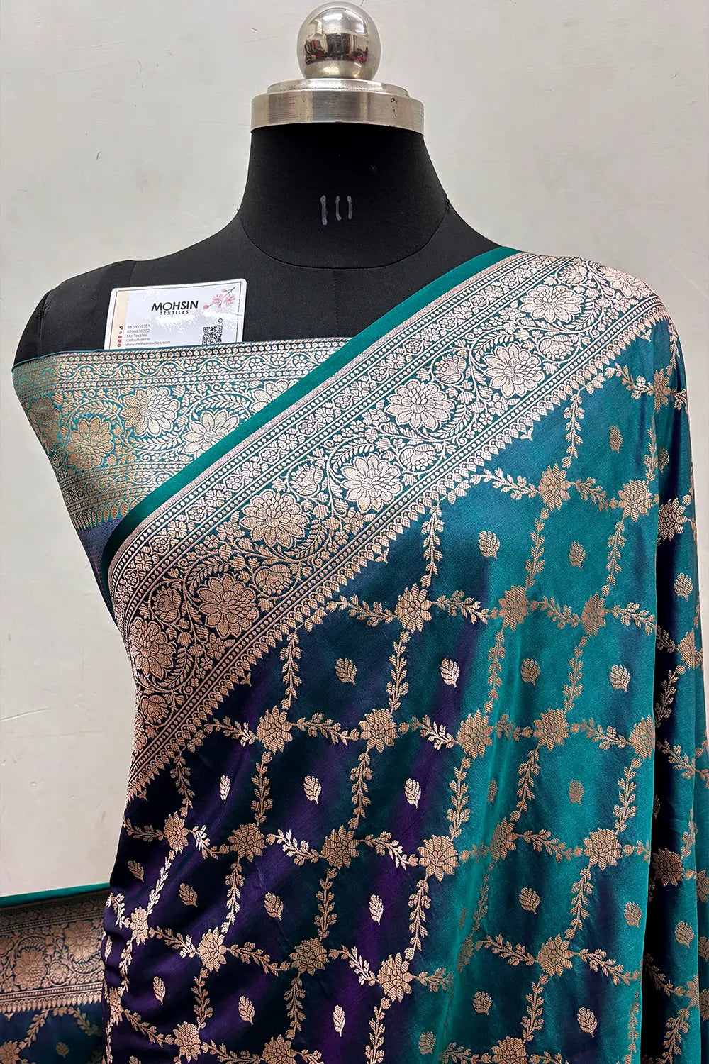 Peacock Blue Qaidi Buti Katan Mashru Silk Banarasi Saree