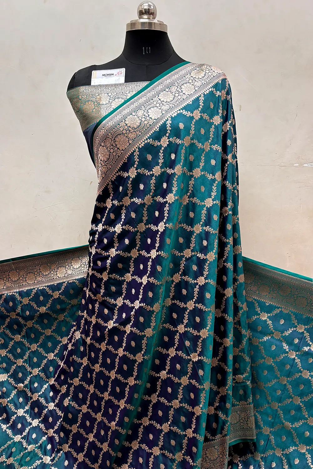 Peacock Blue Qaidi Buti Katan Mashru Silk Banarasi Saree