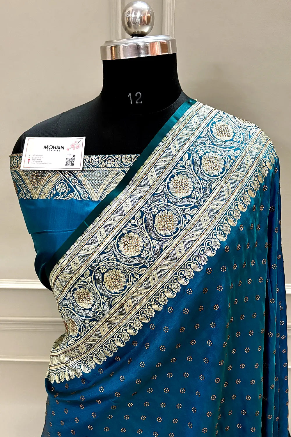 Peacock Blue Royal Plain Swarovski Stone Katan Silk Banarasi Saree