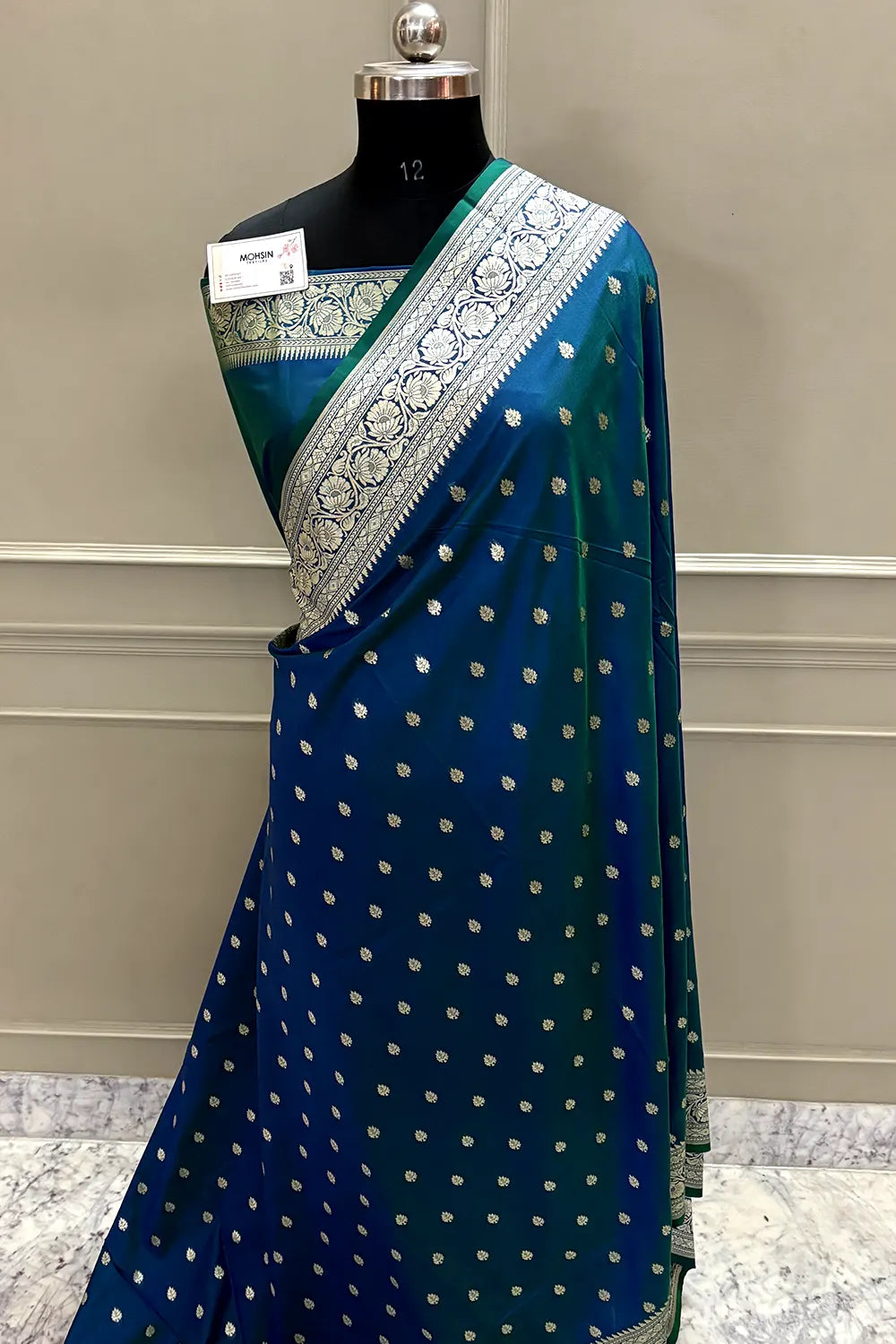 Peacock Blue Rudraksha Buti Katan Silk Banarasi Saree
