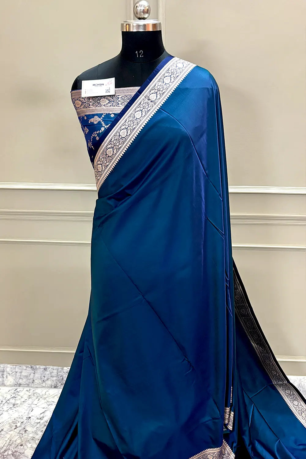 Peacock Blue Zari Border Katan Silk Banarasi Saree