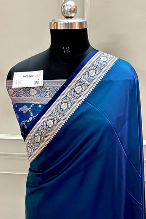 Peacock Blue Zari Border Katan Silk Banarasi Saree