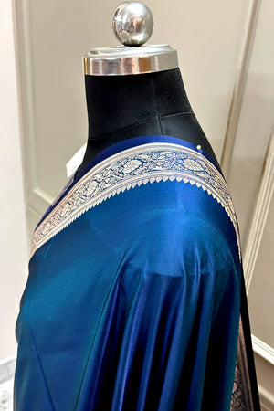 Peacock Blue Zari Border Katan Silk Banarasi Saree