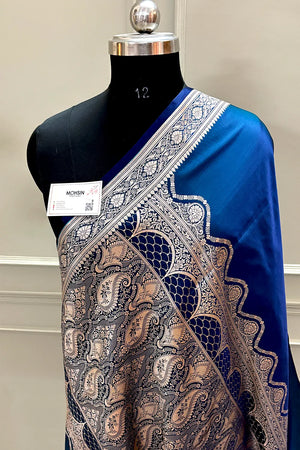 Peacock Blue Zari Border Katan Silk Banarasi Saree