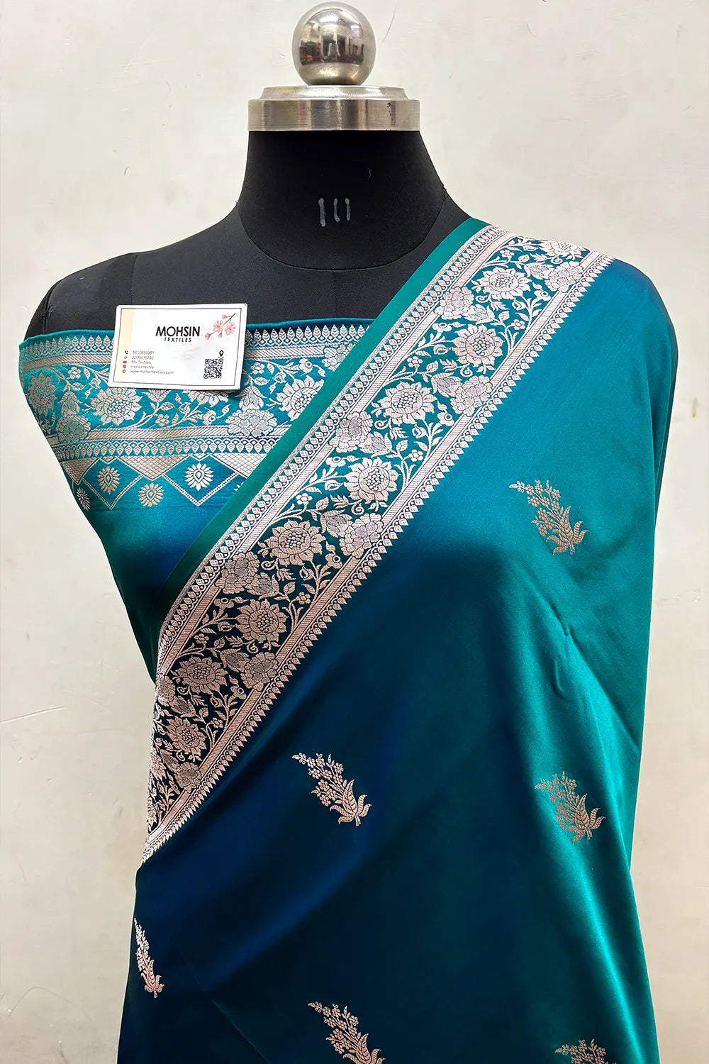 Peacock Blue Zari Katan Mashru Silk Banarasi Saree