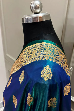 Peacock Blue Zari Katan Satin Silk Banarasi Saree