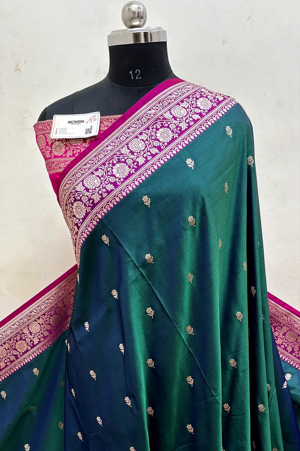 Peacock Green and Pink Lily Buti Katan Mashru Silk Banarasi Saree