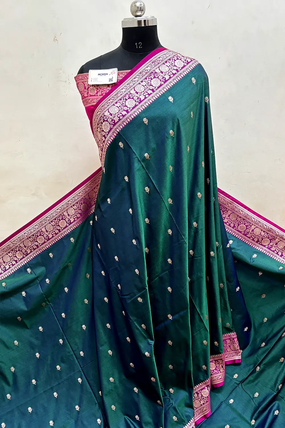 Peacock Green and Pink Lily Buti Katan Mashru Silk Banarasi Saree