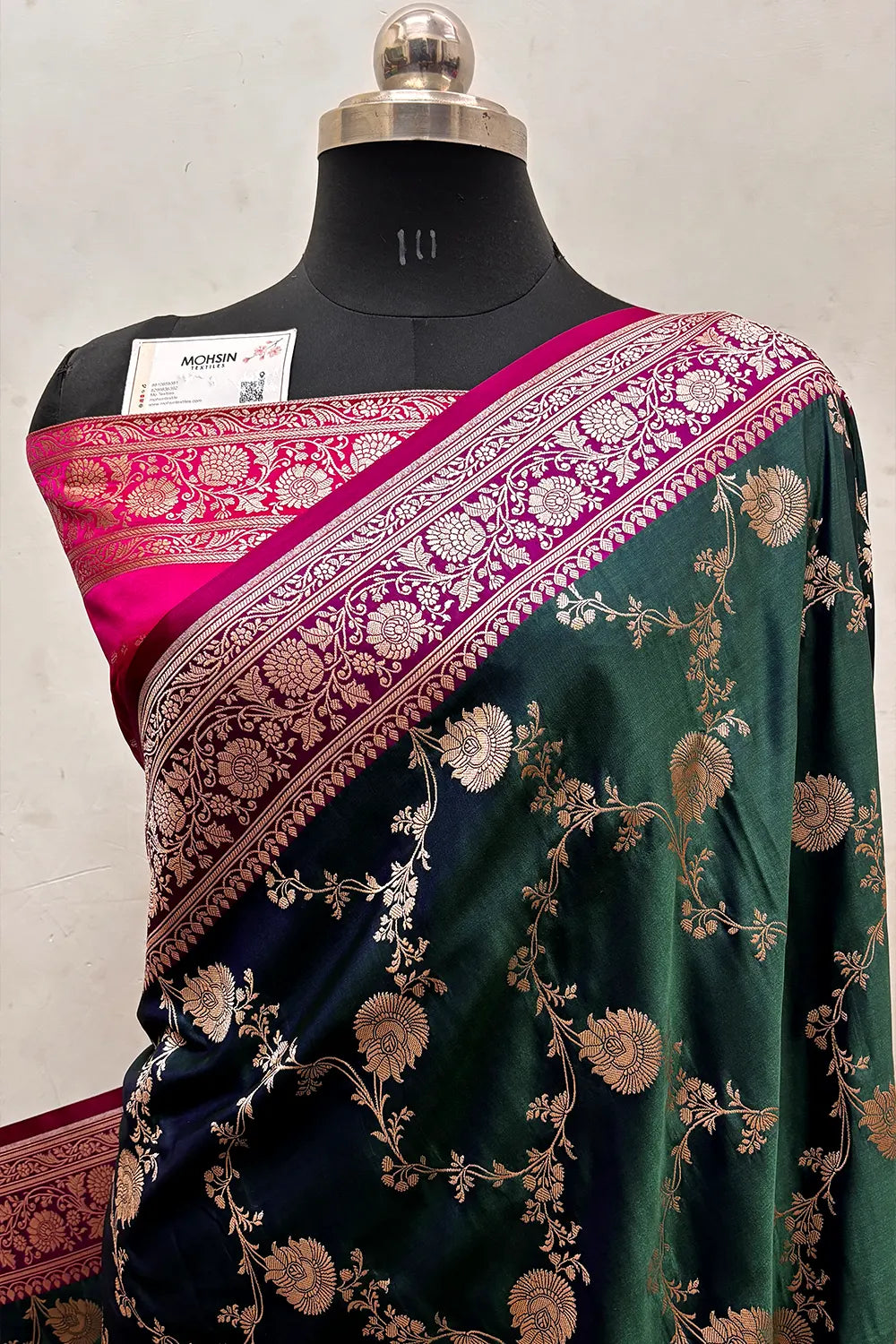 Peacock Green and Pink Zari Katan Silk Banarasi Saree