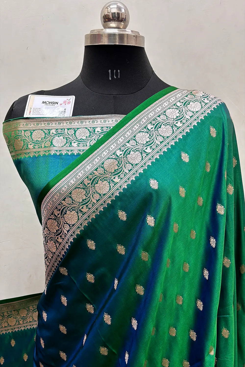 Peacock Green Flying Buti Katan Silk Banarasi Saree