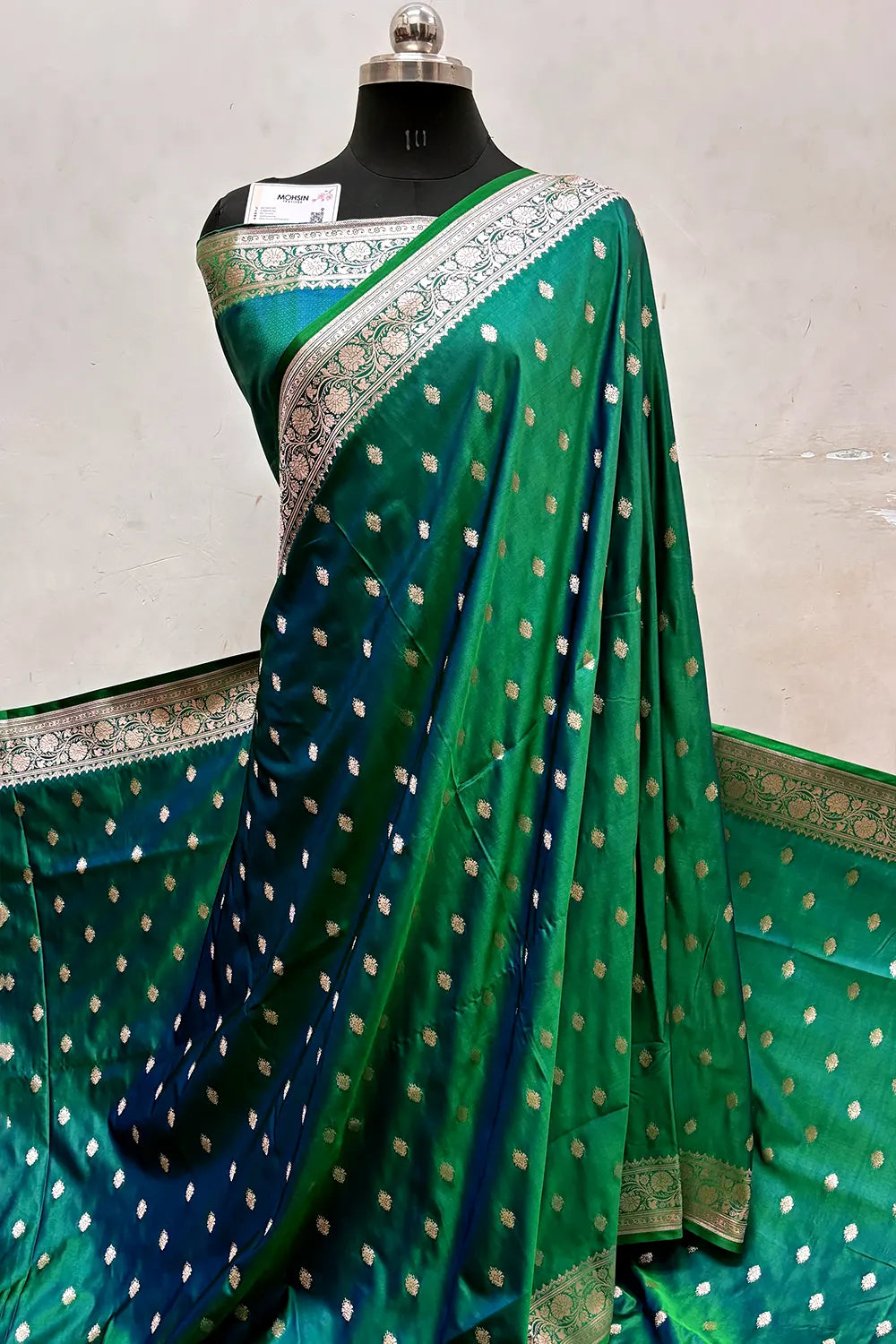 Peacock Green Flying Buti Katan Silk Banarasi Saree