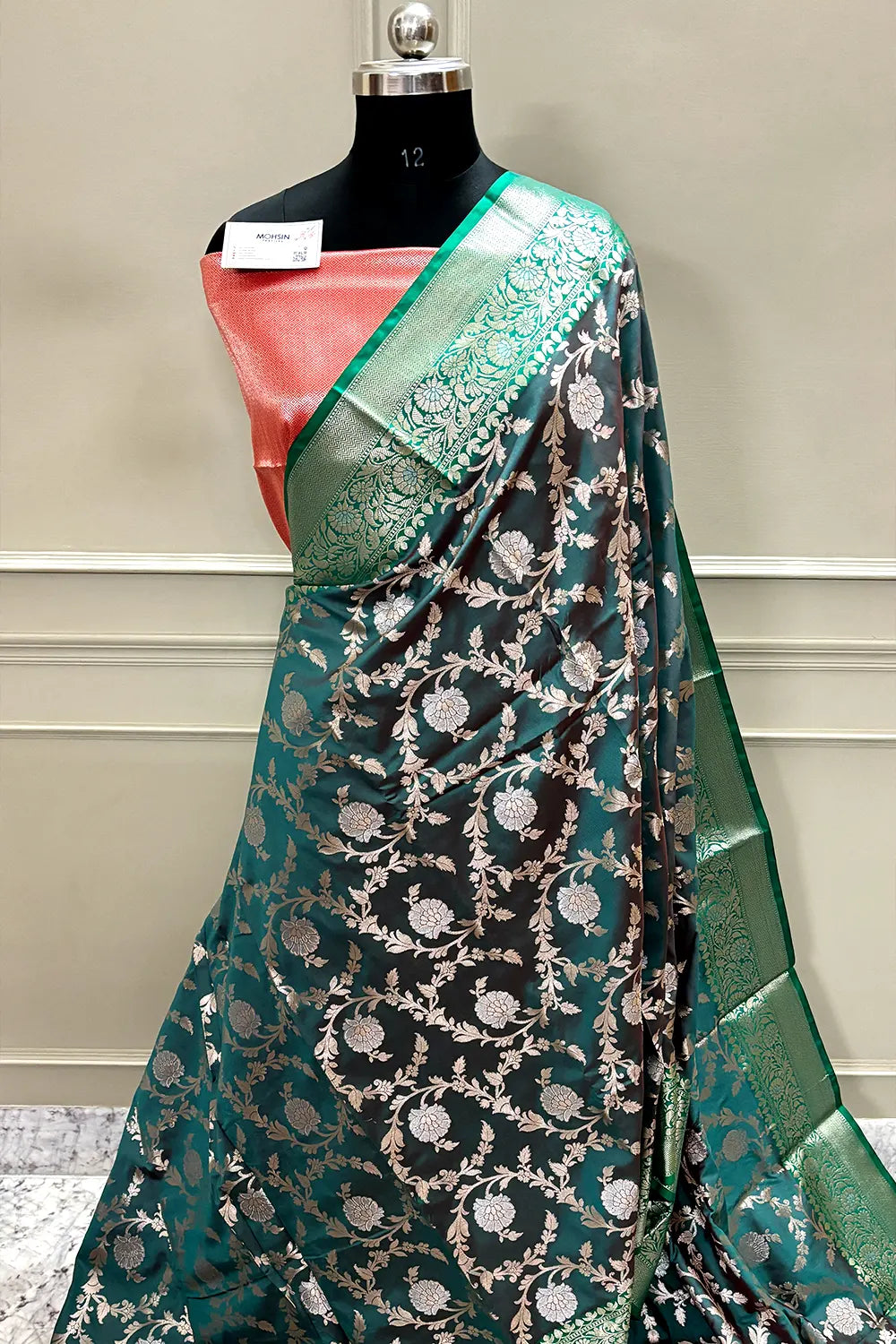 Peacock Teal and Red Zari Banarasi Silk Saree