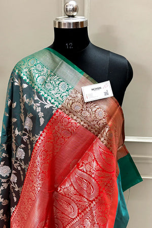 Peacock Teal and Red Zari Banarasi Silk Saree