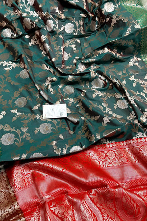 Peacock Teal and Red Zari Banarasi Silk Saree