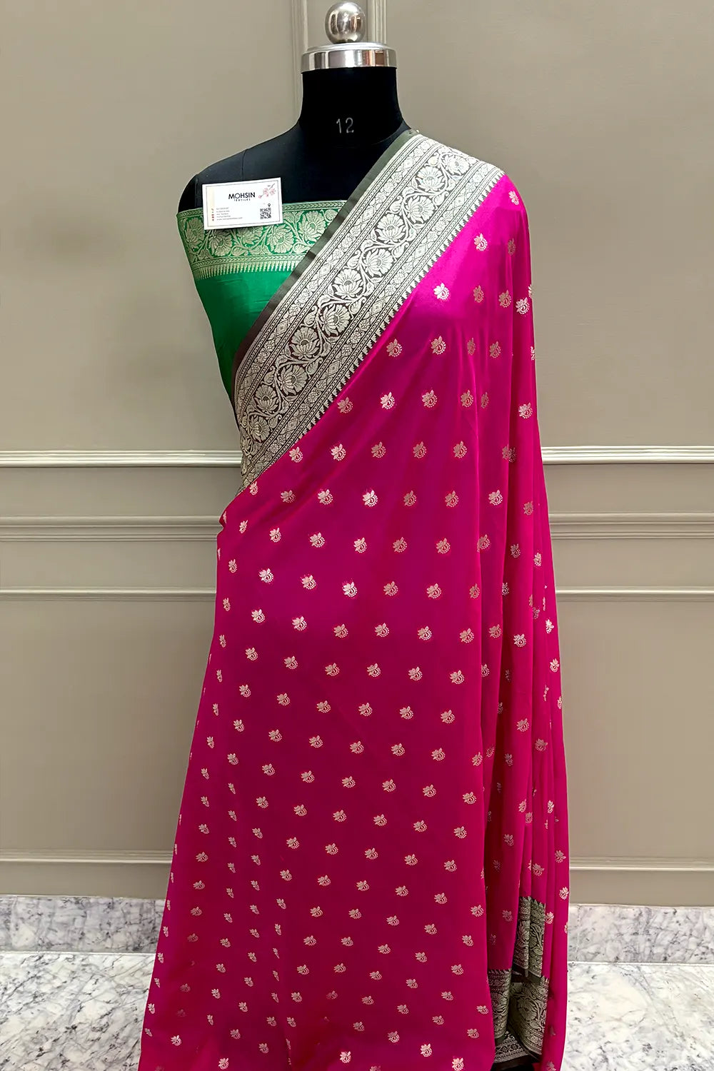 Pink and Green Ghonga Buti Katan Silk Banarasi Saree