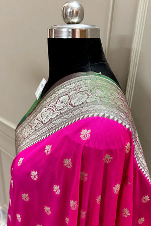 Pink and Green Ghonga Buti Katan Silk Banarasi Saree