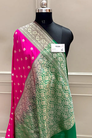 Pink and Green Ghonga Buti Katan Silk Banarasi Saree