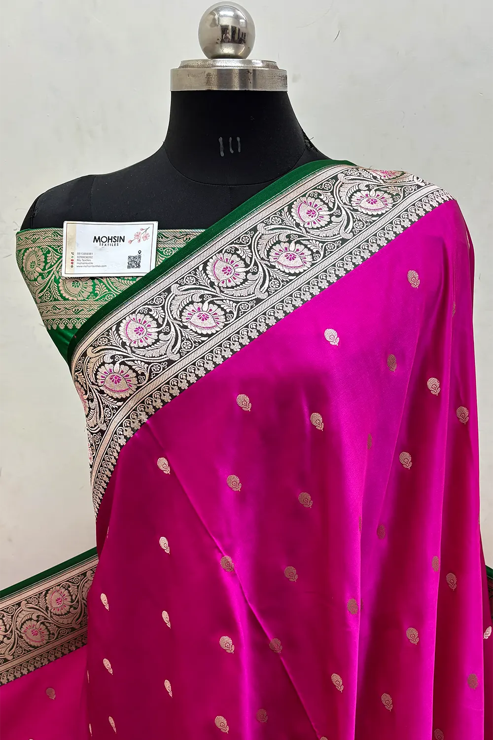 Pink and Green Zari Katan Mashru Silk Banarasi Saree