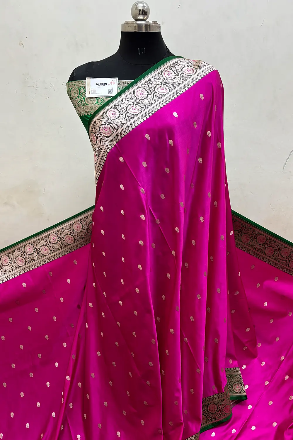 Pink and Green Zari Katan Mashru Silk Banarasi Saree