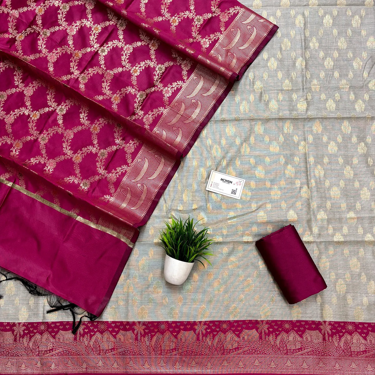 Pink and Grey Nai Basti Banarasi Silk Suit