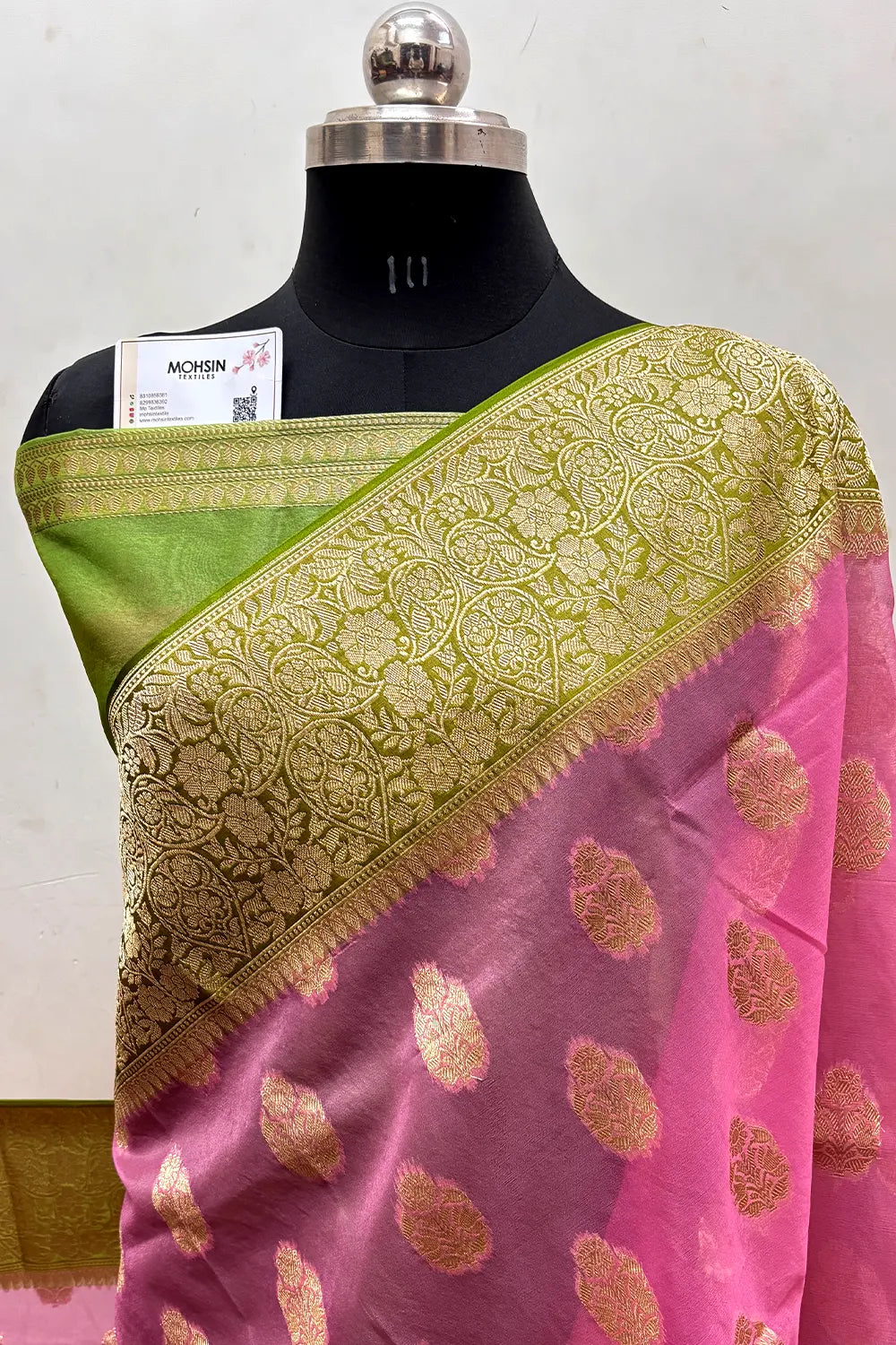Pink and Mehendi Organza Silk Banarasi Saree