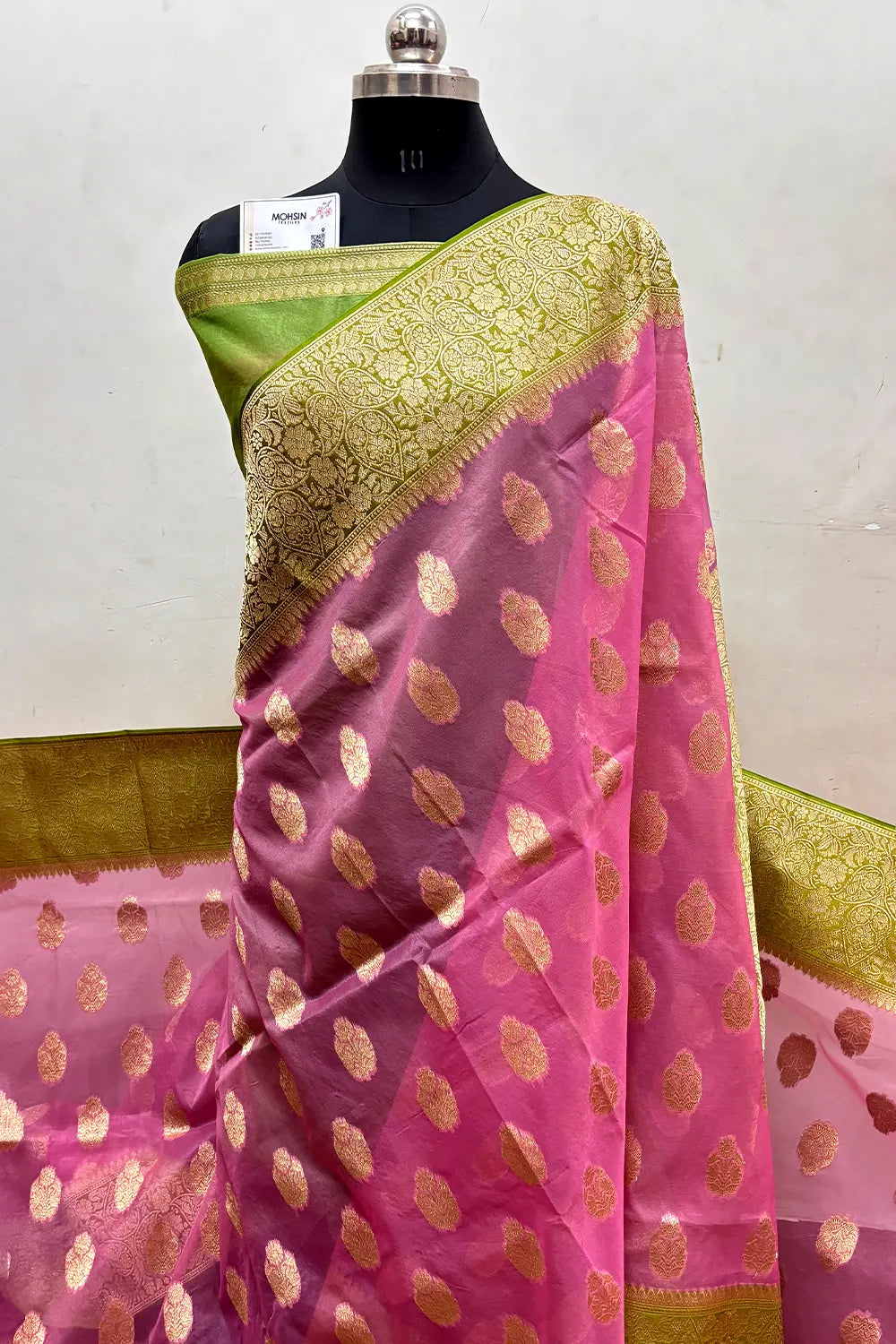 Pink and Mehendi Organza Silk Banarasi Saree
