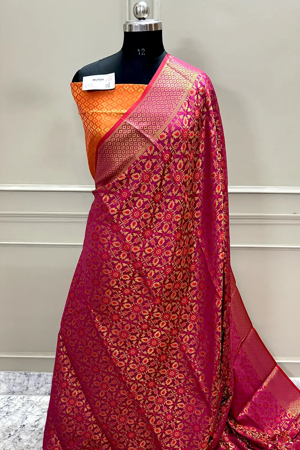 Pink and Mustard Zari Silk Banarasi Saree