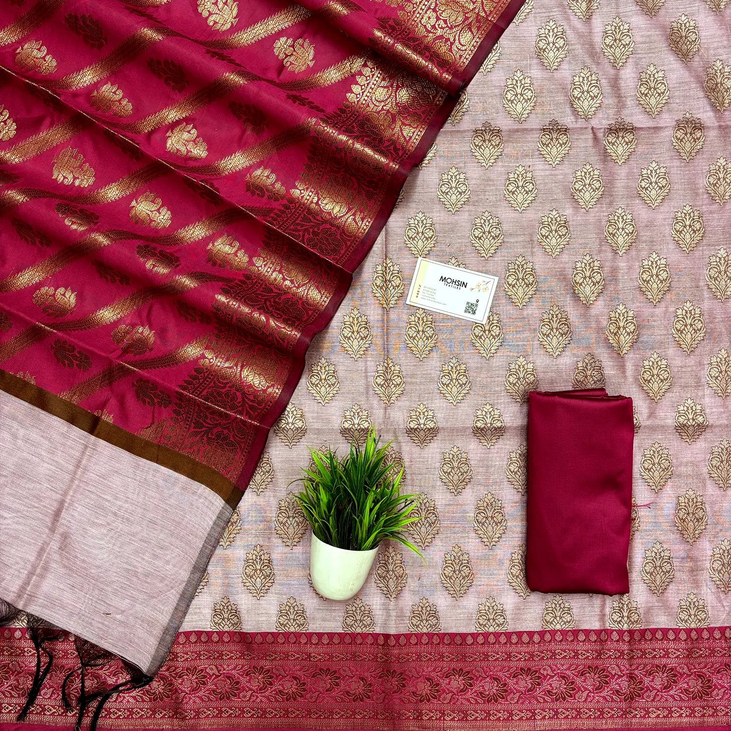 Pink and Rani Banarasi Silk Suit