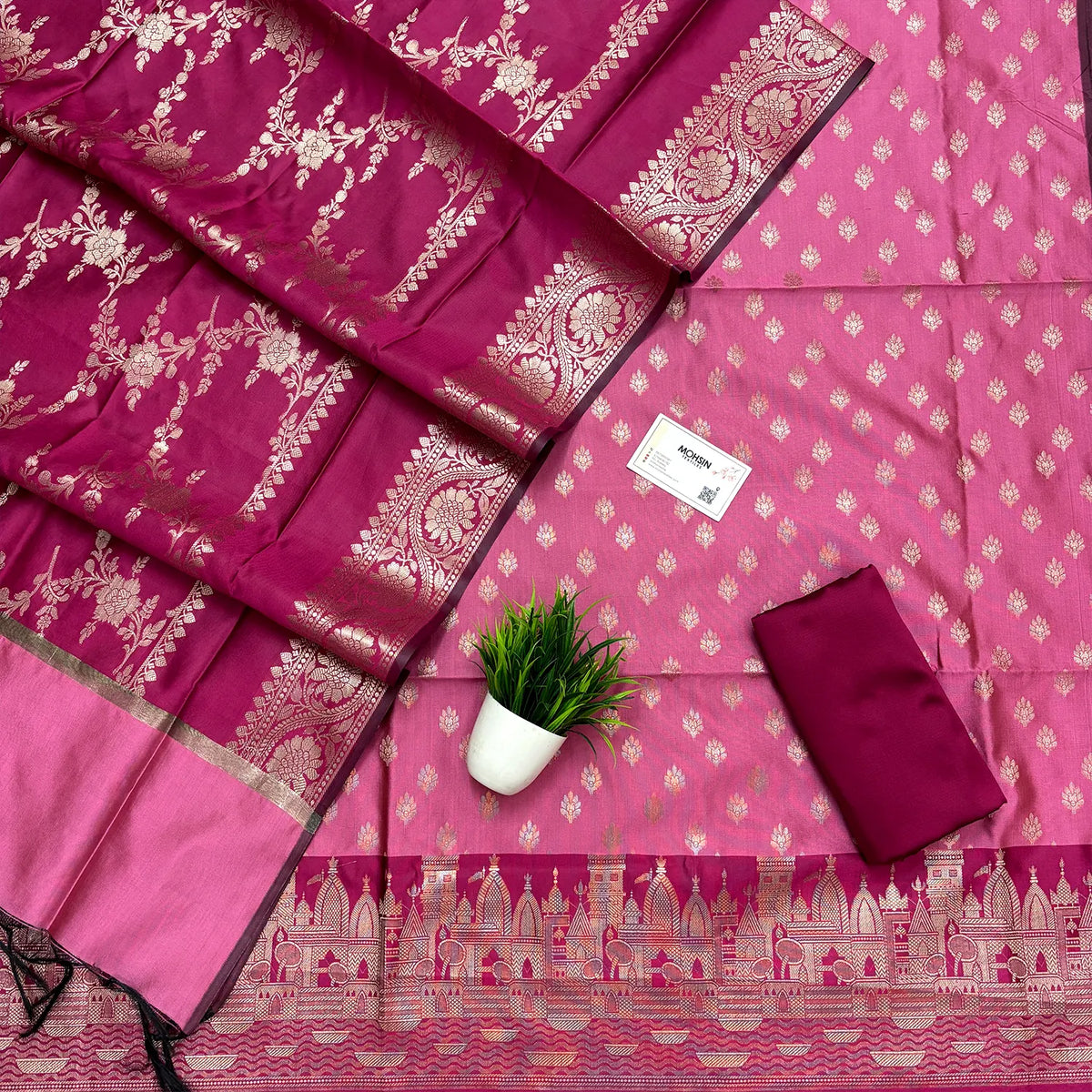 Pink and Rani Ghat Buti Semi Katan Silk Banarasi Suit